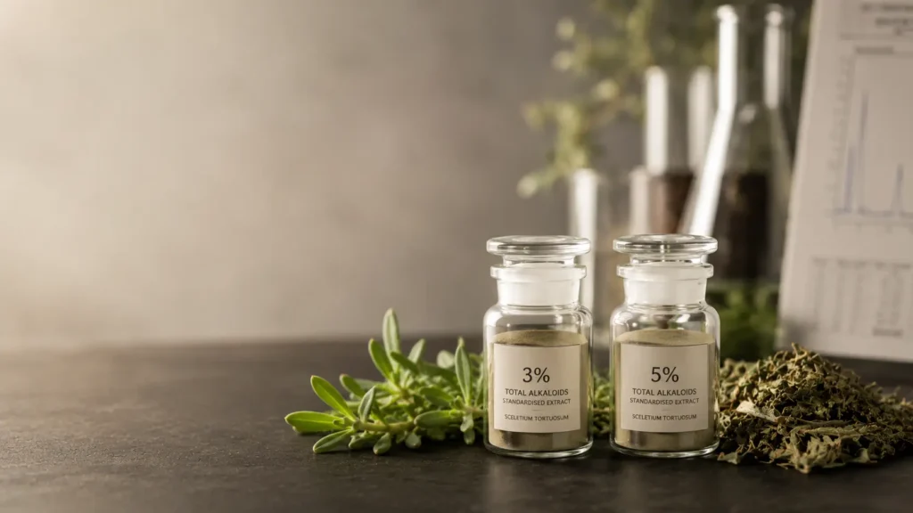 Standardiserade Kanna-extrakt 3 % och 5 % tillsammans med Sceletium tortuosum och laboratorieinspirerad kvalitetsanalys.