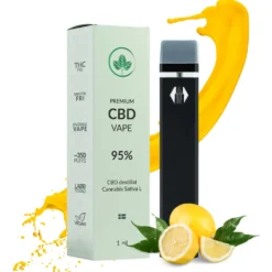 CBD vape med citron lukt och en gul splash backgrund.