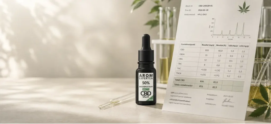 CBD-analyscertifikat (COA) bredvid CBD-olja och laboratoriedokument för kvalitetskontroll