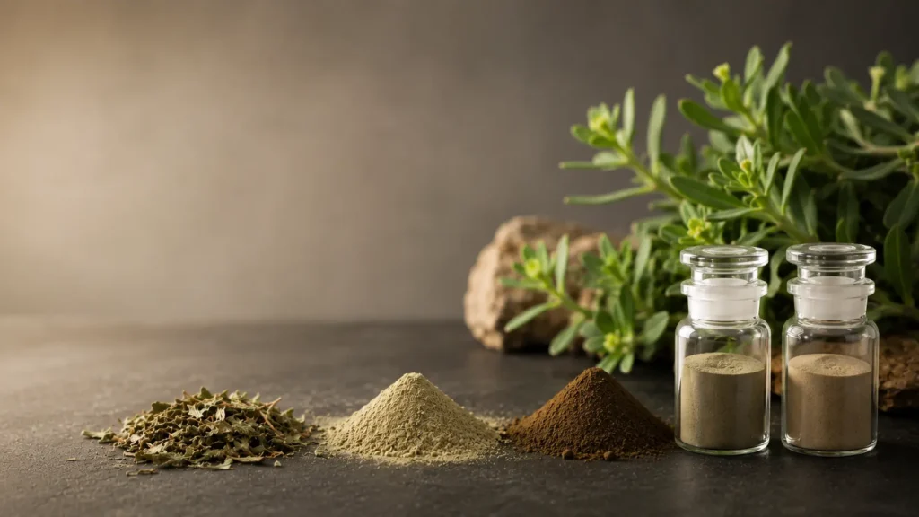 Kanna-pulver eller extrakt och standardiserade extrakt presenterade i en botanisk och laboratorieinspirerad miljö.