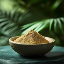 Skål med beige Tongkat Ali Physta®-pulver (Eurycoma longifolia) mot suddig grön bladbakgrund.