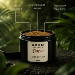 Öppen burk Aromexperten Physta Tongkat Ali med brunt standardiserat extrakt, märkt med 3:e parts labbtest, standardiserat extrakt och patenterad ingrediens.