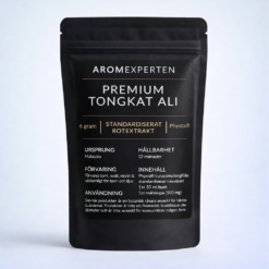 Svart återförslutningsbar ståpåse med Aromexperten Tongkat Ali Physta® rotextrakt, tydlig etikett med produktinformation mot ljus studio­bakgrund.