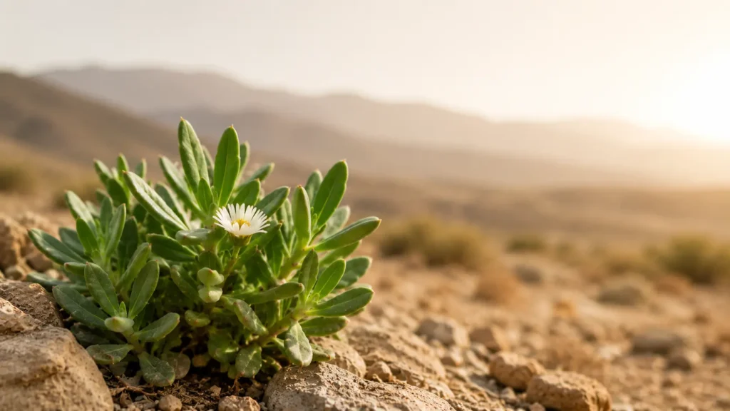 Vad är kanna? Botanisk närbild av Kanna, Sceletium tortuosum, i ett torrt sydafrikanskt landskap.