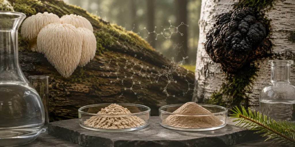 Beta-glukaner i svampextrakt illustrerade med Lion’s Mane och Chaga