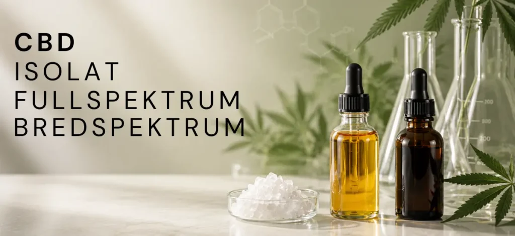 Bredspektrum CBD, fullspektrum och CBD-isolat med oljeflaskor, kristaller och laboratorieglas