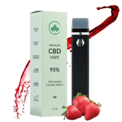 CBD vape med jordguppslukt och röd splash i bakgrunden.