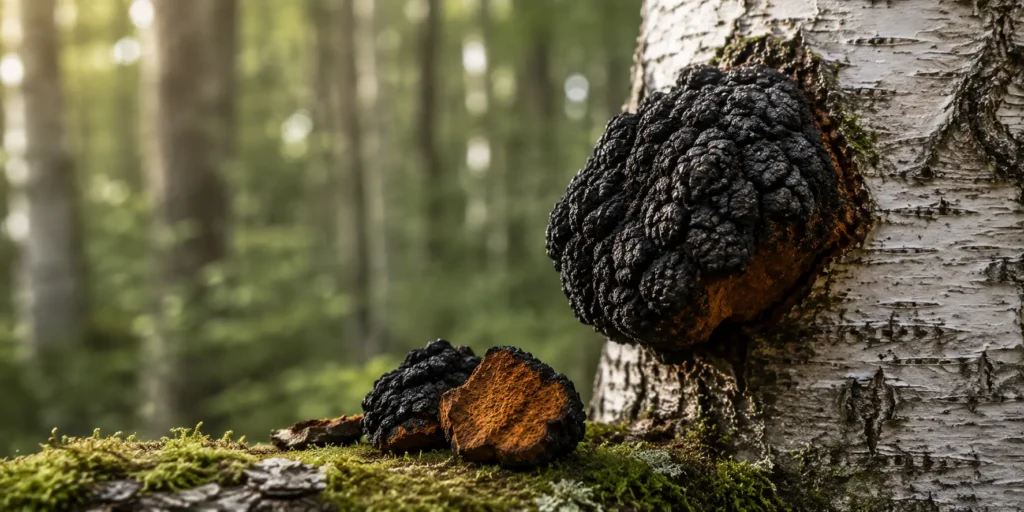 Chaga-conk av Inonotus obliquus på björk i nordisk skog