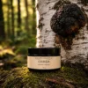 chaga extrakt från Aromexperten i mörk glasburk i skogsmiljö framför björk med sprängticka.