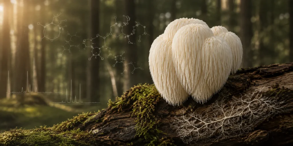 Lion’s Mane fruktkropp och mycel som illustration av hericenoner och erinaciner