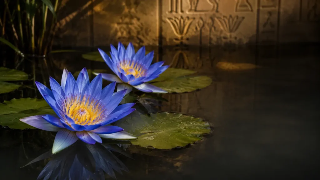 Vad är Blå Lotus? Nymphaea caerulea med blå blommor och näckrosblad