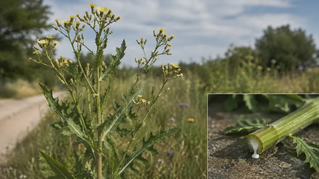 vad är Wild Lettuce Lactuca virosa med gröna blad och gula blommor